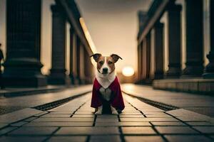 uma cachorro vestindo uma vermelho capa em pé em uma rua. gerado por IA foto