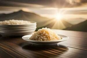 a arroz é em uma prato com uma tigela do água. gerado por IA foto