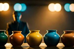 uma homem dentro uma terno carrinhos dentro frente do colorida vasos. gerado por IA foto