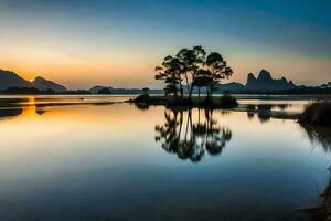 a Sol conjuntos sobre uma lago com árvores e montanhas. gerado por IA foto