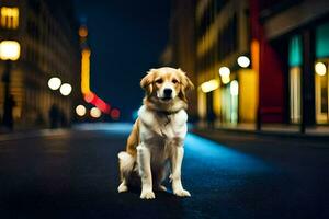uma cachorro sentado em a rua às noite. gerado por IA foto