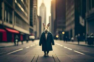 uma Coelho dentro uma casaco em pé dentro a meio do uma cidade rua. gerado por IA foto