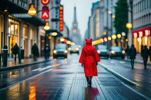 uma mulher dentro uma vermelho casaco caminhando baixa uma rua. gerado por IA foto