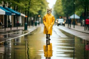 uma Raposa dentro uma capa de chuva caminhando baixa uma rua. gerado por IA foto