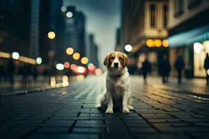 uma cachorro sentado em a rua dentro a cidade. gerado por IA foto