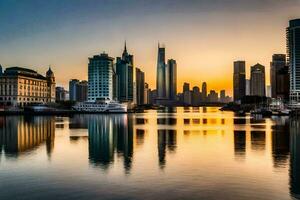 a cidade Horizonte é refletido dentro a água às pôr do sol. gerado por IA foto