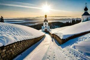 uma Igreja dentro a neve com uma campanário dentro a fundo. gerado por IA foto