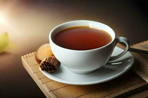 uma copo do chá em uma bambu esteira. gerado por IA foto
