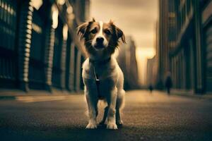 uma cachorro em pé dentro a meio do uma cidade rua. gerado por IA foto