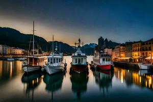 barcos ancorado dentro a Porto às crepúsculo. gerado por IA foto