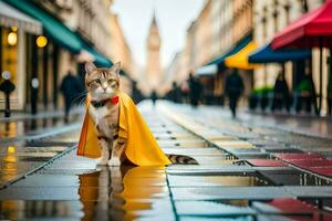 uma gato vestindo uma amarelo capa em uma chuvoso rua. gerado por IA foto