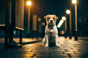 uma cachorro sentado em a rua às noite. gerado por IA foto