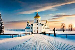 uma Igreja dentro a neve com dourado cúpulas. gerado por IA foto