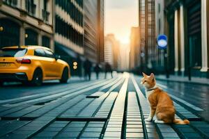 uma gato sentado em a rua dentro frente do uma amarelo Táxi. gerado por IA foto