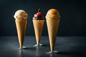 três gelo creme cones com diferente sabores. gerado por IA foto