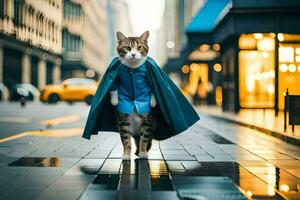 uma gato vestido dentro uma capa anda em baixa uma cidade rua. gerado por IA foto