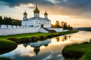 a russo mosteiro é refletido dentro a água. gerado por IA foto