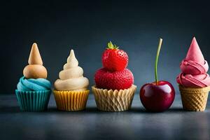 uma linha do colorida bolos de copo com diferente sabores. gerado por IA foto