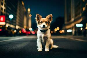 uma cachorro sentado em a rua às noite. gerado por IA foto