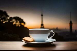 uma copo do café e uma bolacha em uma mesa dentro frente do a eiffel torre. gerado por IA foto