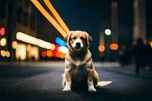 uma cachorro sentado em a rua às noite. gerado por IA foto