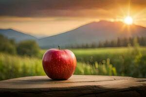 a maçã senta em uma de madeira mesa dentro frente do uma pôr do sol. gerado por IA foto
