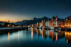 a cidade do Noruega às noite. gerado por IA foto