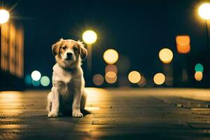 uma cachorro sentado em a rua às noite. gerado por IA foto