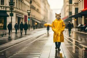 uma gato vestindo uma amarelo capa de chuva caminhando baixa uma rua. gerado por IA foto