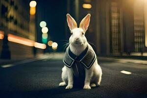 uma Coelho vestindo uma Jaqueta sentado em a rua às noite. gerado por IA foto