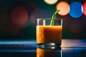 uma vidro do laranja suco com uma verde tronco. gerado por IA foto