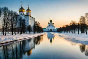 a kremlin e a rio dentro inverno. gerado por IA foto