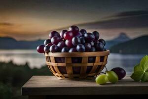 uvas dentro uma cesta em uma mesa com uma lago dentro a fundo. gerado por IA foto