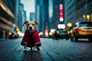 uma cachorro vestindo uma vermelho casaco em pé em uma cidade rua. gerado por IA foto