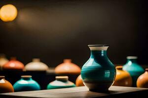 uma vaso com muitos colorida vasos em uma mesa. gerado por IA foto