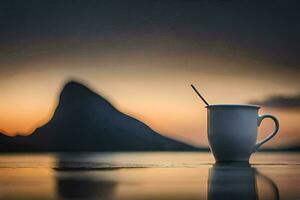 uma copo do café em a Beira do uma lago com montanhas dentro a fundo. gerado por IA foto