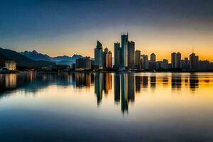 a cidade Horizonte é refletido dentro a água às pôr do sol. gerado por IA foto