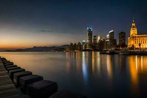 a cidade Horizonte às noite com uma doca e água. gerado por IA foto