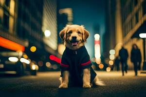 uma cachorro vestindo uma Jaqueta sentado em a rua às noite. gerado por IA foto