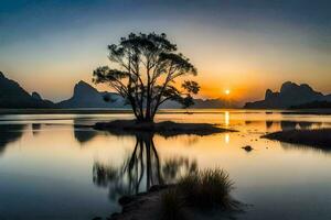 a Sol conjuntos sobre uma lago com uma solitário árvore. gerado por IA foto