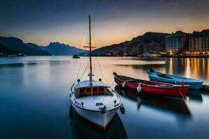 barcos ancorado dentro a água às crepúsculo. gerado por IA foto