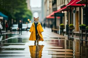 uma Raposa dentro uma amarelo casaco caminhando baixa uma rua. gerado por IA foto