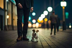 uma homem dentro uma terno e gravata caminhando dele cachorro em uma cidade rua. gerado por IA foto