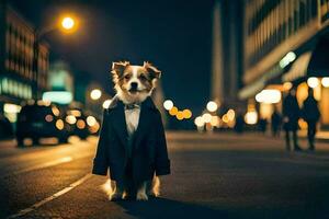 uma cachorro dentro uma smoking em pé em a rua às noite. gerado por IA foto