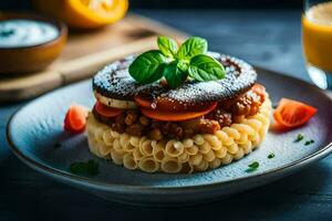 uma prato do massa coberto com legumes e uma molho. gerado por IA foto