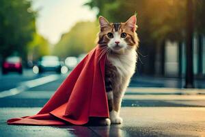 uma gato vestindo uma vermelho capa em a rua. gerado por IA foto