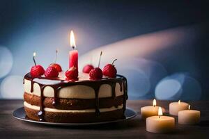uma aniversário bolo com velas e framboesas. gerado por IA foto