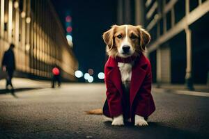 uma cachorro vestindo uma vermelho casaco senta em a rua às noite. gerado por IA foto