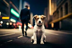 uma cachorro sentado em a rua às noite. gerado por IA foto