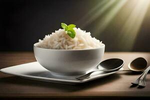 uma tigela do arroz com uma folha em topo. gerado por IA foto